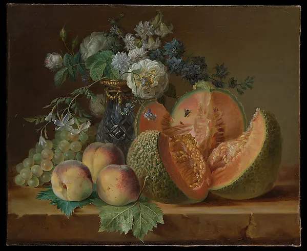 Still Life with a Vase of Flowers, Melon, Peaches, and Grapes — Charlotte Eustache Sophie de Fuligny Damas, marquise de Grollier — praca twórcy Zofia Czajka na Freshwall Marketplace