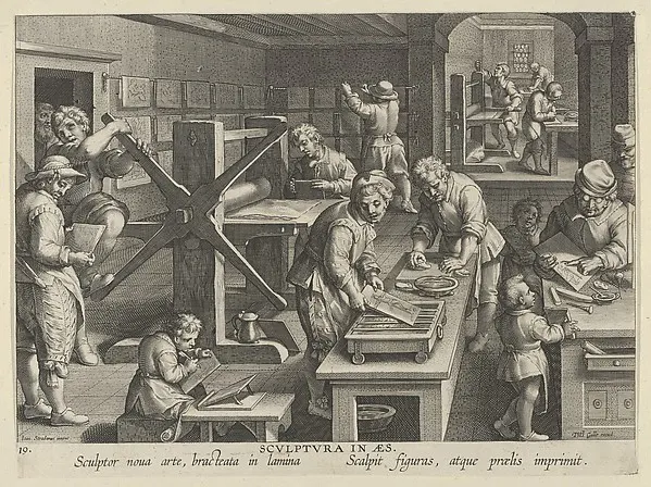 New Inventions of Modern Times [Nova Reperta], The Invention of Copper Engraving, plate 19 — Jan Collaert I — praca twórcy Alicja Mazur na Freshwall Marketplace