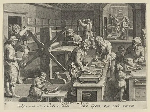 New Inventions of Modern Times [Nova Reperta], The Invention of Copper Engraving, plate 19 — Jan Collaert I — praca twórcy Alicja Mazur na Freshwall Marketplace