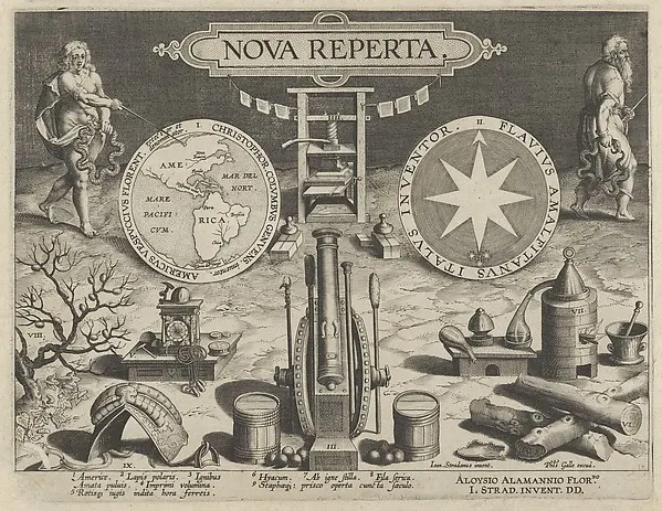 New Inventions of Modern Times [Nova Reperta], Title Plate — Jan Collaert I — praca twórcy Natalia Lewandowski na Freshwall Marketplace