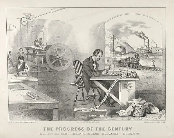 The Progress of the Century – The Lightning Steam Press. The Electric Telegraph. The Locomotive. The Steamboat. — Currier & Ives — praca twórcy Kamil Krawczyk na Freshwall Marketplace
