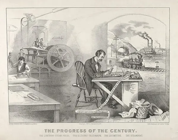 The Progress of the Century – The Lightning Steam Press. The Electric Telegraph. The Locomotive. The Steamboat. — Currier & Ives — praca twórcy Kamil Krawczyk na Freshwall Marketplace