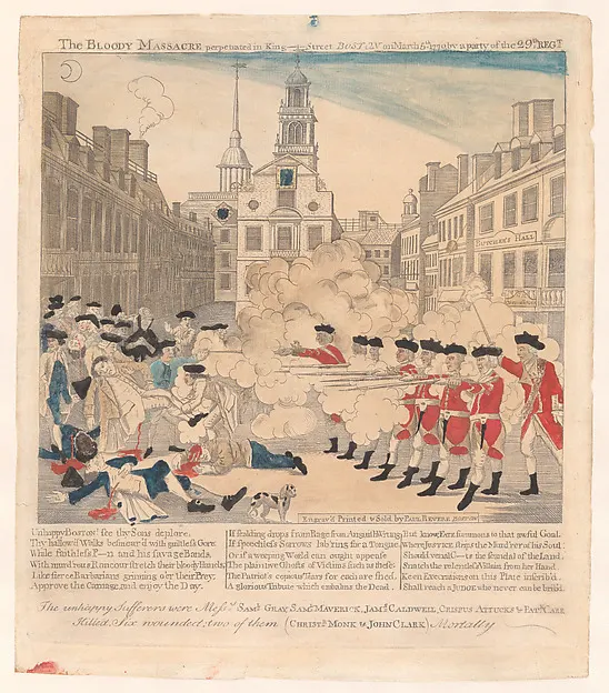 The Boston Massacre, or, The Bloody Massacre perpetrated in King Street, Boston on March 5, 1770 by a party of the 29th Regiment — Paul Revere Jr. — praca twórcy Hanna Górska na Freshwall Marketplace