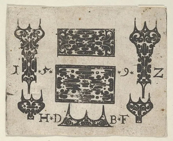 Blackwork Print with Two Horizontal Panels and Five Small Motifs — Hans de Bull — praca twórcy Michał Michalski na Freshwall Marketplace