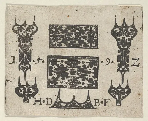 Blackwork Print with Two Horizontal Panels and Five Small Motifs — Hans de Bull — praca twórcy Michał Michalski na Freshwall Marketplace