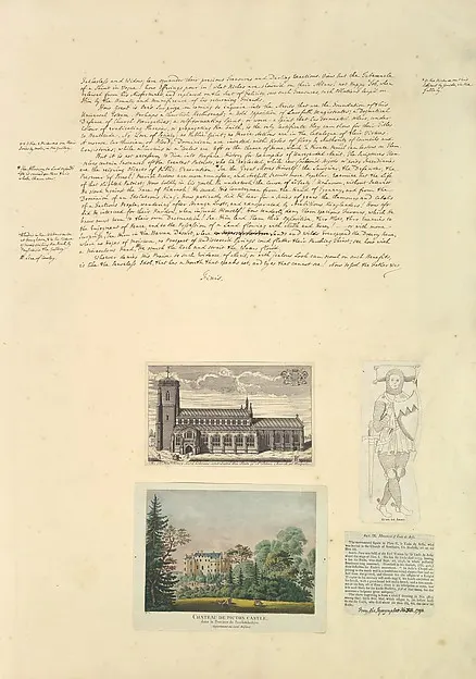 Leaf from Aedes Walpolinae mounted with a hand-written sheet, two prints and a printed sheet with drawn additions: (a): Sermon on Painting, continued; (b): St. Peter's Church at Walpole; (c): Chateau de Picton; (d): Monument of Eudo de Arsie; (e) Pri — praca twórcy Krzysztof Ostrowska na Freshwall Marketplace