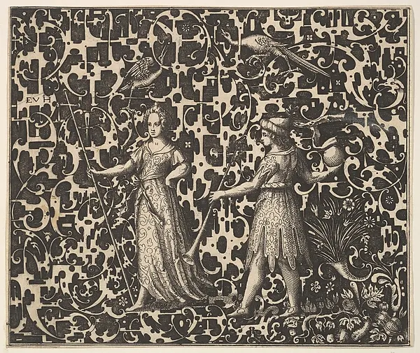 Ornament Print with Schweifwerk and Two (Allegorical?) Figures — Esaias von Hulsen — praca twórcy Katarzyna Mazur na Freshwall Marketplace