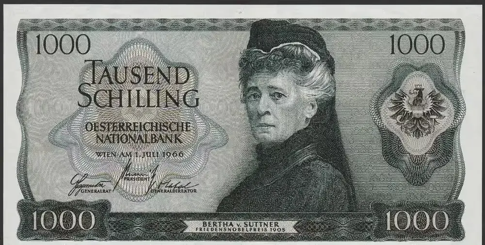Austria 1000 szylingów 1966 - B. von Suttner — praca twórcy Wanjak na Freshwall Marketplace