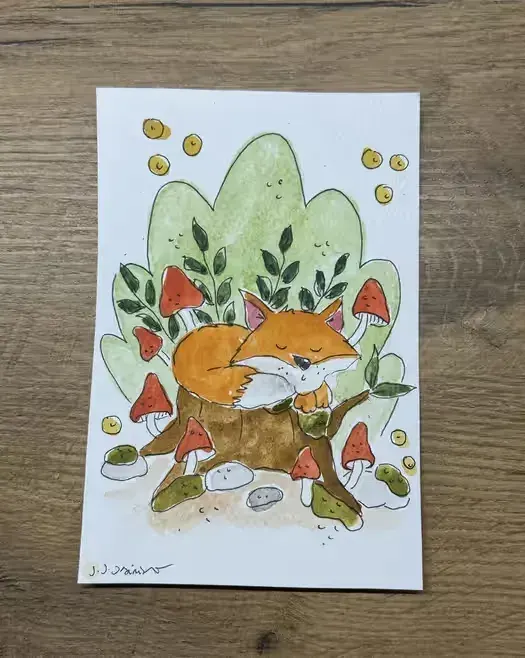 Kartka okolicznościowa lis grzyby muchomor akwarela las boho — praca twórcy Julia na Freshwall Marketplace