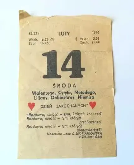 1996 rok /14 luty/ Walentynki /unikatowa kartka z kalendarza/ zrywak / — praca twórcy Marmi na Freshwall Marketplace
