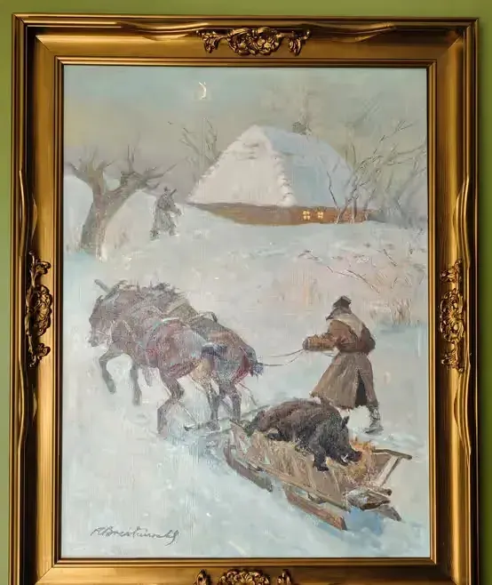 Breitenwald Roman, Powrót z polowania, olej na płótnie 60x80 — praca twórcy Piotr na Freshwall Marketplace