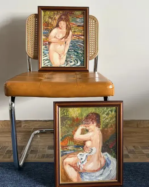 Dwa obrazy olejne inspirowane Renoirem Vintage — praca twórcy Nela Picks Antiques na Freshwall Marketplace