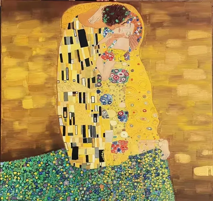 Gustav Klimt "Pocałunek" - Obraz olejny, wymiary 100x100, na płótnie — praca twórcy zofiamariannabrzezinska na Freshwall Marketplace