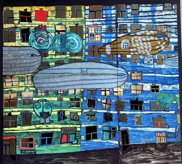 Hundertwasser Song of the Whales 777 Oryginalna Wielka  Grafika Aukcyjna 1984 Gruener Janura  Mega Design Unikat — praca twórcy ArtCollector na Freshwall Marketplace