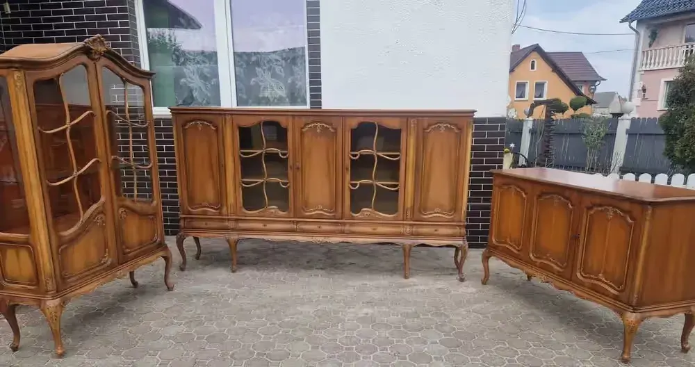 3 SZTUKI KOMPLET DO SALONU JADALNI POKOJU BIURA Komoda witryna szklana barek biurko SZAFA SZAFKA antyk antyczna Biurko Vitryna komplet antyczny ANTYKI — praca twórcy Grzegorz na Freshwall Marketplace