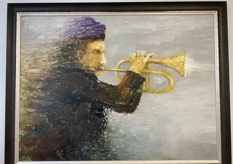 Obraz olejny „Jazz” – Marek Nowak, 72 × 57 cm, 2025 r. — praca twórcy Dominik na Freshwall Marketplace