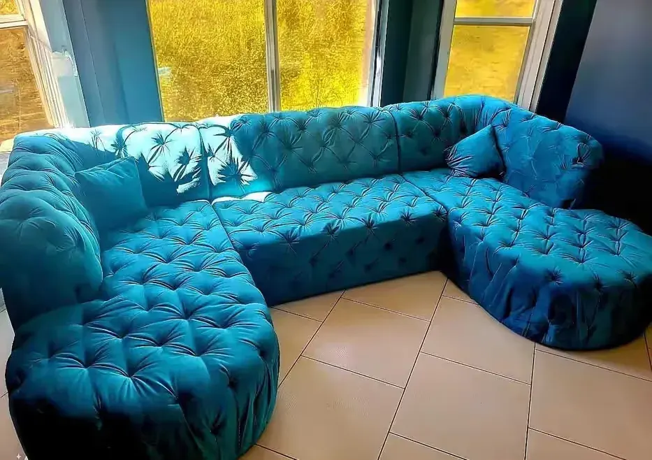 sofa kanapa narożnik CHESTERFIELD funkcja spania kanapa rogówka morska niebieska zielona pikowana antyczna XL U - forma Antyk Retro — praca twórcy Grzegorz na Freshwall Marketplace