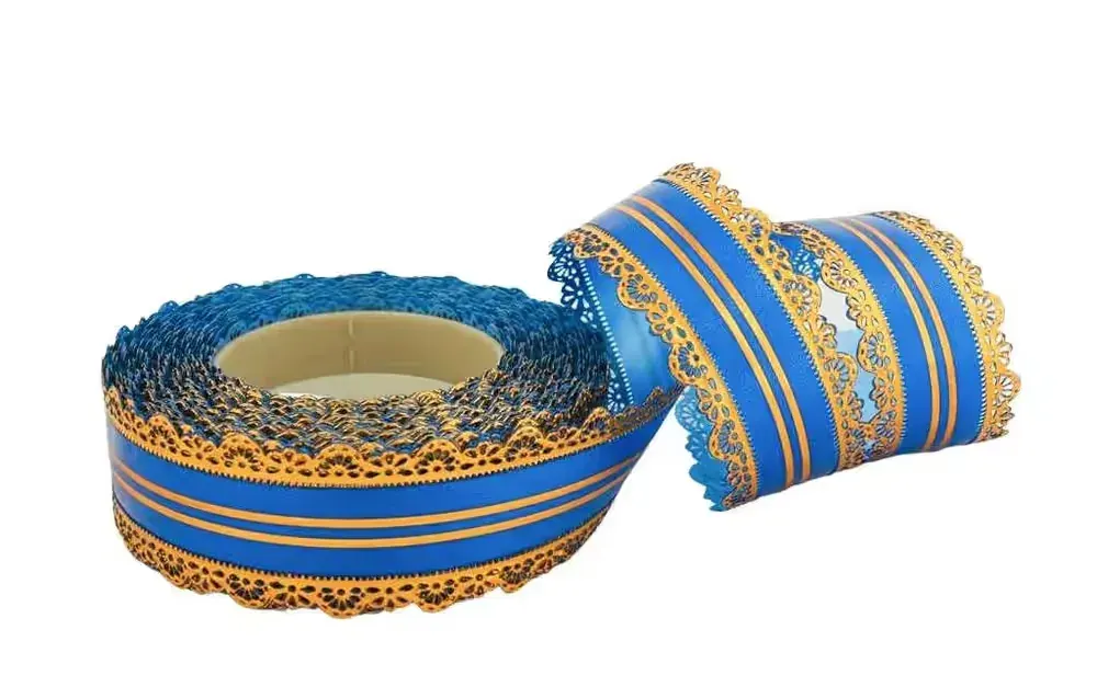 Wstążka pp "koronka" z 2 złotymi paskami 4cm/25yd GRANATOWA — praca twórcy BELATEX.Art na Freshwall Marketplace