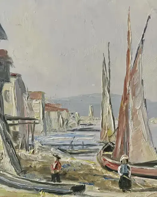Wyjątkowy Obraz olejny Śródziemnomorska marina sygnowany R. Sporer Top — praca twórcy ArtCollector na Freshwall Marketplace