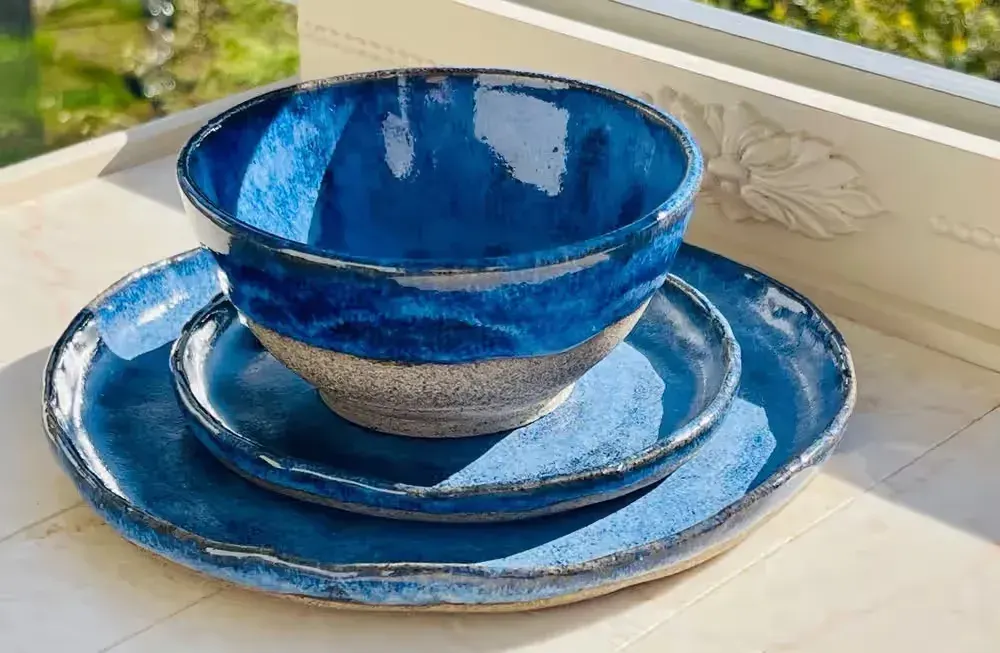 Zestaw ceramiki artystycznej handmade - 3 elementy, morski błękit — praca twórcy Eugeniusz na Freshwall Marketplace