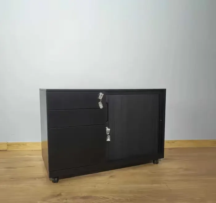 Kontener biurkowy, na kółkach, kontenerek trzyszufladowy z roletą, półkami FB-615-L-3 | Czarny | Biały | WYPRZEDAŻ — praca twórcy KDK Design Drzwi Podłogi Meble na Freshwall Marketplace