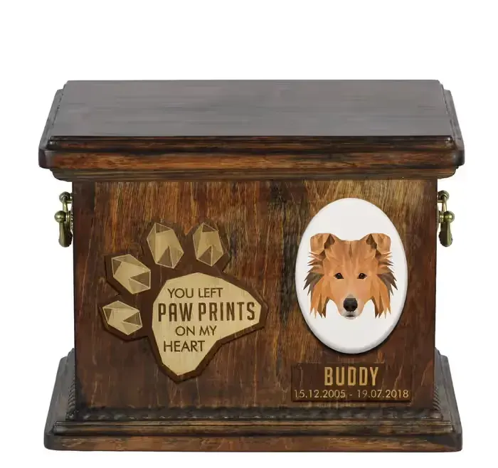 Owczarek szkocki długowłosy, Collie rough drewnianai urna z psem Art-Dog — praca twórcy Krzysztof Liszka na Freshwall Marketplace