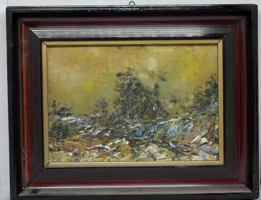 Pejzaż jesienny obraz olejny na sklejce Ryszard Mac miniatura w ramie vintage 1992 — praca twórcy IG88 na Freshwall Marketplace