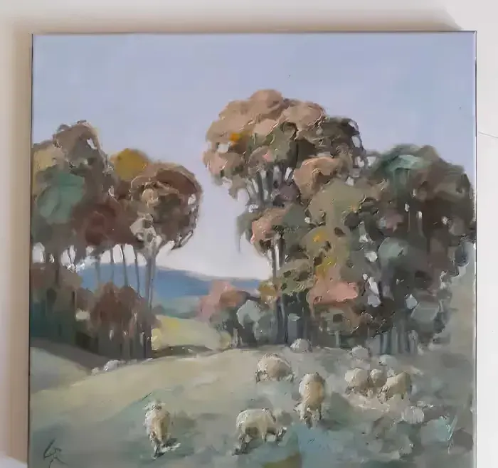 Pejzaż z owcami. Obraz olejny na płótnie. 40 x 40 cm — praca twórcy Wojciech na Freshwall Marketplace