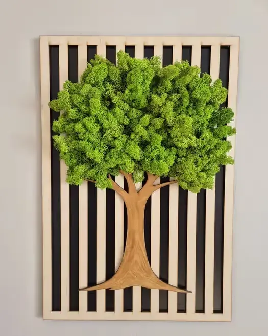 Drewniana dekoracja ścienna 3D z mchem chrobotkiem o wymiarach 40x60 cm. — praca twórcy MDN Dekoracje na Freshwall Marketplace