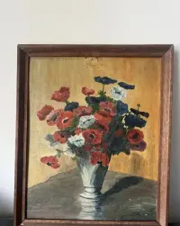 Stary Obraz Olejny Maki Zawilce 1947 r. Monogram HR — ujęcie 5