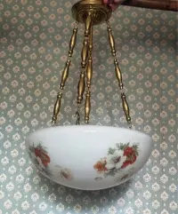 Duża ampla art deco biała kwiaty lampa żyrandol mosiężna przedwojenna — ujęcie 4