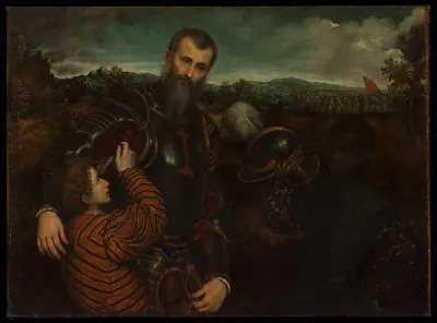 Portrait of a Man in Armor with Two Pages — Paris Bordon — praca Adam Grabowska, Kraków