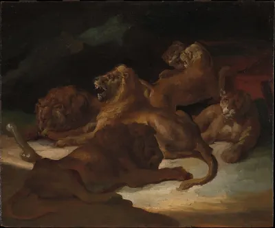 Lions in a Mountainous Landscape — Théodore Géricault — praca Piotr Sadowska, Gdańsk