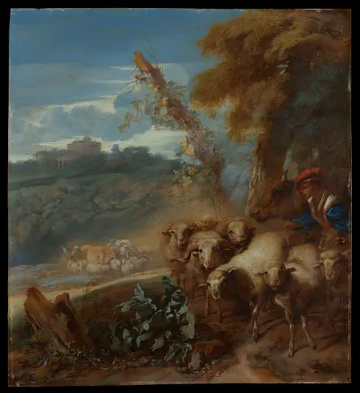 Roman Landscape with a Shepherd and Sheep — Giovanni Benedetto Castiglione (Il Grechetto) — praca Michał Witkowski, Katowice