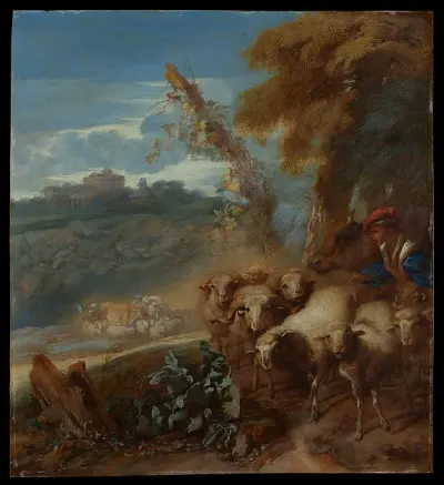 Roman Landscape with a Shepherd and Sheep — Giovanni Benedetto Castiglione (Il Grechetto) — praca Michał Witkowski, Katowice