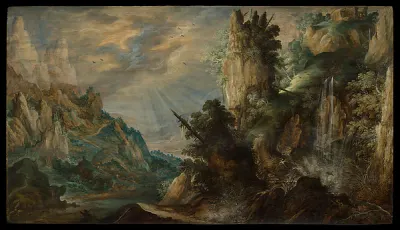 A Mountainous Landscape with a Waterfall — Kerstiaen de Keuninck — praca Krzysztof Wójcik, Bydgoszcz