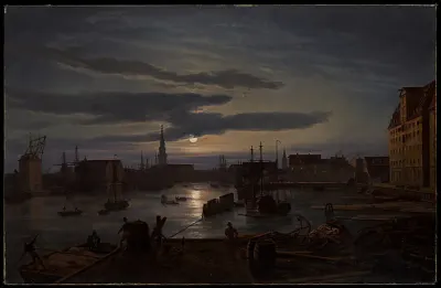 Copenhagen Harbor by Moonlight — Johan Christian Dahl — praca Sebastian Sadowska, Gdańsk