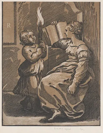 A Sibyl reading a book facing left — Ugo da Carpi — praca Magdalena Zieliński, Wrocław