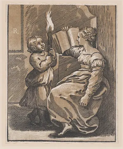 A Sibyl reading a book facing left — Ugo da Carpi — praca Adam Grabowska, Kraków