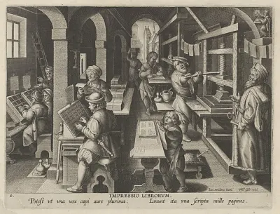 New Inventions of Modern Times [Nova Reperta], The Invention of Book Printing, plate 4 — Jan Collaert I — praca Rafał Sadowska, Gdańsk