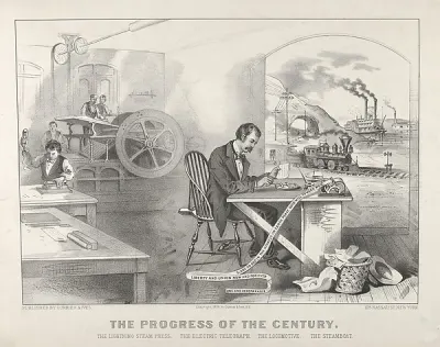 The Progress of the Century – The Lightning Steam Press. The Electric Telegraph. The Locomotive. The Steamboat. — Currier & Ives — praca Kamil Krawczyk, Łódź