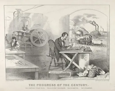 The Progress of the Century – The Lightning Steam Press. The Electric Telegraph. The Locomotive. The Steamboat. — Currier & Ives — praca Kamil Krawczyk, Łódź