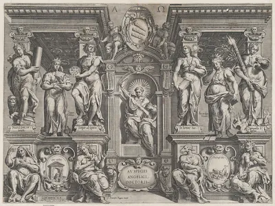 Allegorical thesis print with various figures, set in an architectural structure — Philippe Thomassin — praca Julia Kaczmarek, Toruń