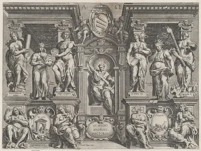 Allegorical thesis print with various figures, set in an architectural structure — Philippe Thomassin — praca Julia Kaczmarek, Toruń