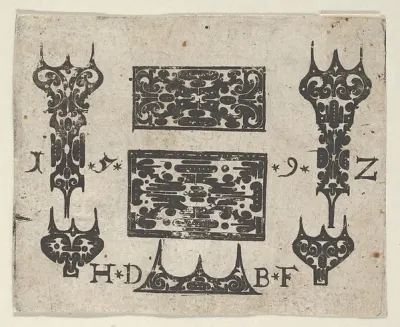 Blackwork Print with Two Horizontal Panels and Five Small Motifs — Hans de Bull — praca Michał Michalski, Rzeszów