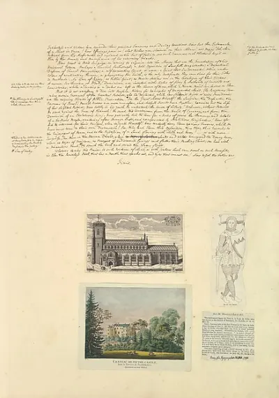 Leaf from Aedes Walpolinae mounted with a hand-written sheet, two prints and a printed sheet with drawn additions: (a): Sermon on Painting, continued; (b): St. Peter's Church at Walpole; (c): Chateau de Picton; (d): Monument of Eudo de Arsie; (e) Pri — praca Krzysztof Ostrowska, Zielona Góra