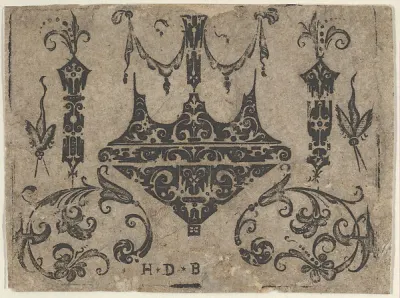Blackwork Print with Four Ring Bezel Combined with C-Scrolls and Insects — Hans de Bull — praca Maria Zieliński, Wrocław