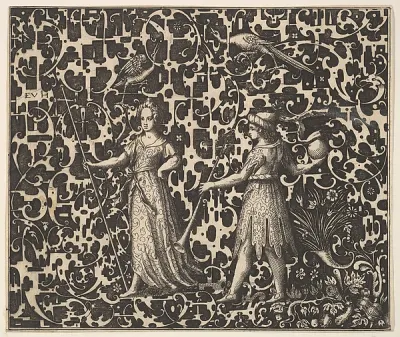 Ornament Print with Schweifwerk and Two (Allegorical?) Figures — Esaias von Hulsen — praca Katarzyna Mazur, Warszawa