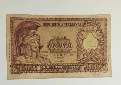Banknot Włochy 100 lirów 1951r. - kobieta w hełmie (Personifikacja "Italia Elmata") — praca Robert, Bydgoszcz