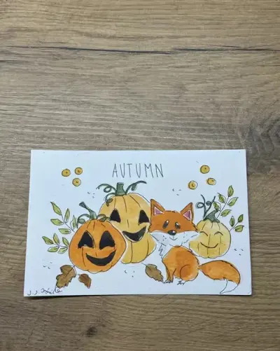 Kartka okolicznościowa lis dynia akwarela halloween jesień jesieniara — praca Julia, Wilczyce